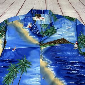 Shoreline Hawaii Shirt Mens XL Blue Aloha Hawaiian Palm Tree Beach Button Camp